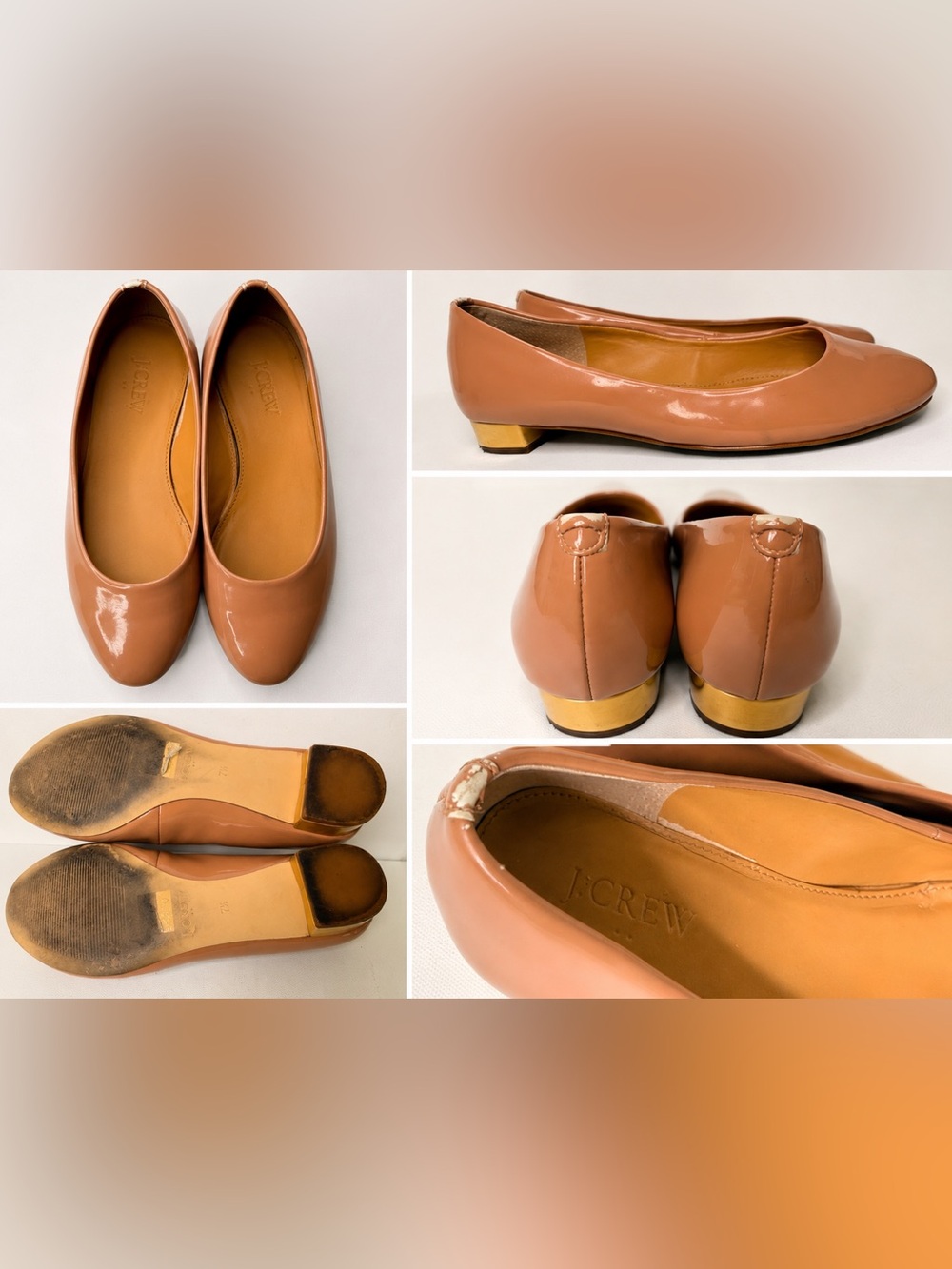 J. Crew Glossy Camel Patent Ballet Flats with Gold Heel